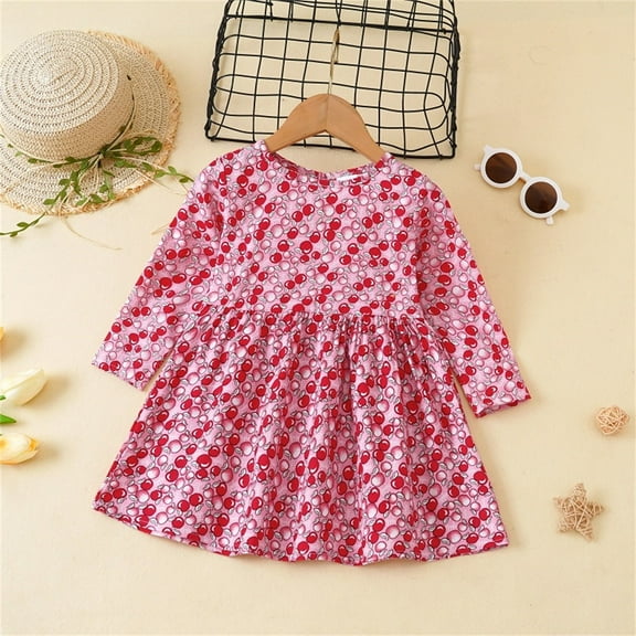 WOYY Toddler Girl Long Sleeve Dress Apple Prints Empire Waist Casual Midi Dresses