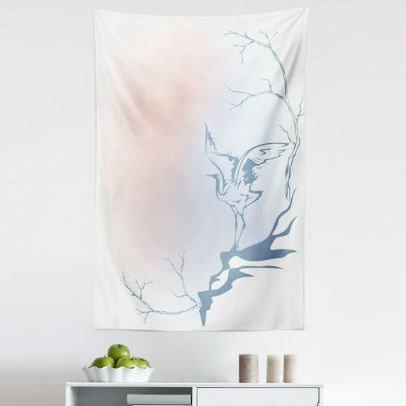 Landscape Tapestry, Winter Landscape with Crane on Tree Branch Bird Nature Themed Monochrome Art Print, Fabric Wall Hanging Decor for Bedroom Living Room Dorm, 5 Sizes, Blue Pink, by Ambesonne