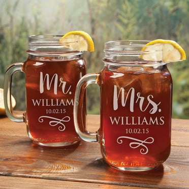 Personalized Set of Jar Glasses - Mr. & Mrs. Mason Jar Glasses 2-16 Ounces