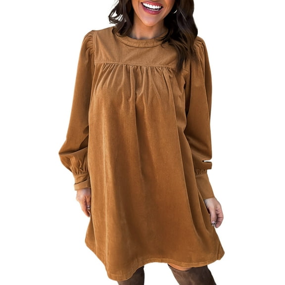 Women's Desert Gold Corduroy Puff Sleeve Shift Mini Dress | [ZhiHiMeRi] | (US 12-14)L