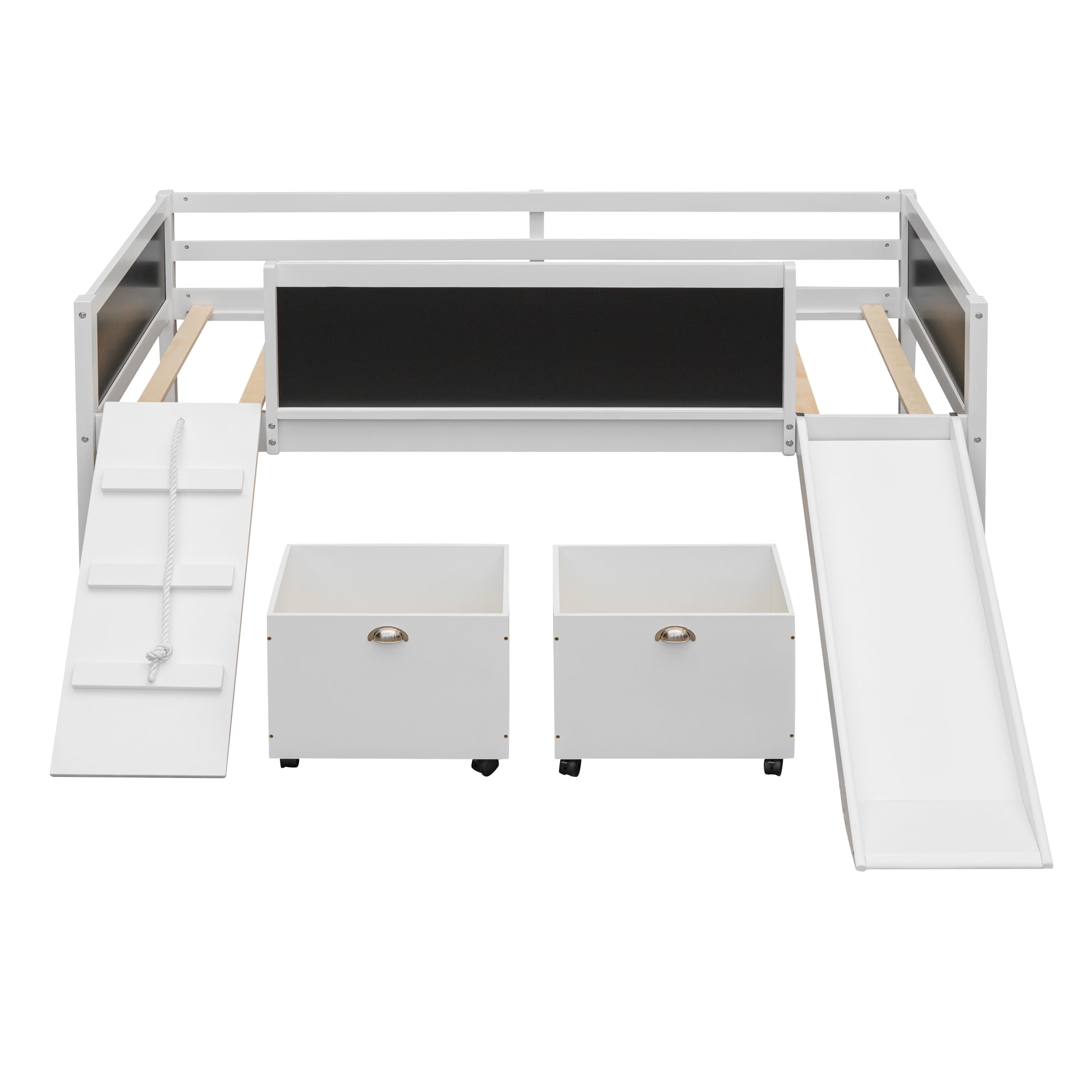 Miniyam Wood Twin Size Loft Bed with Slide, Two Storage Boxes for Kids, White