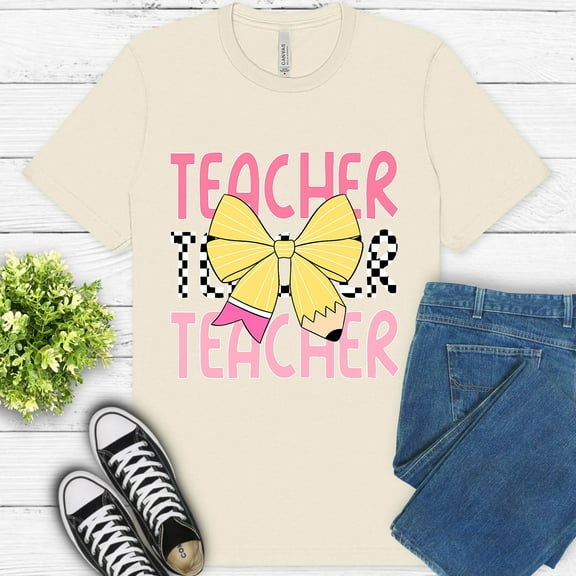 Women's Teacher Pencil Bow Graphic T-Shirt, Short Sleeve, Casual School Shirt , Natural, S