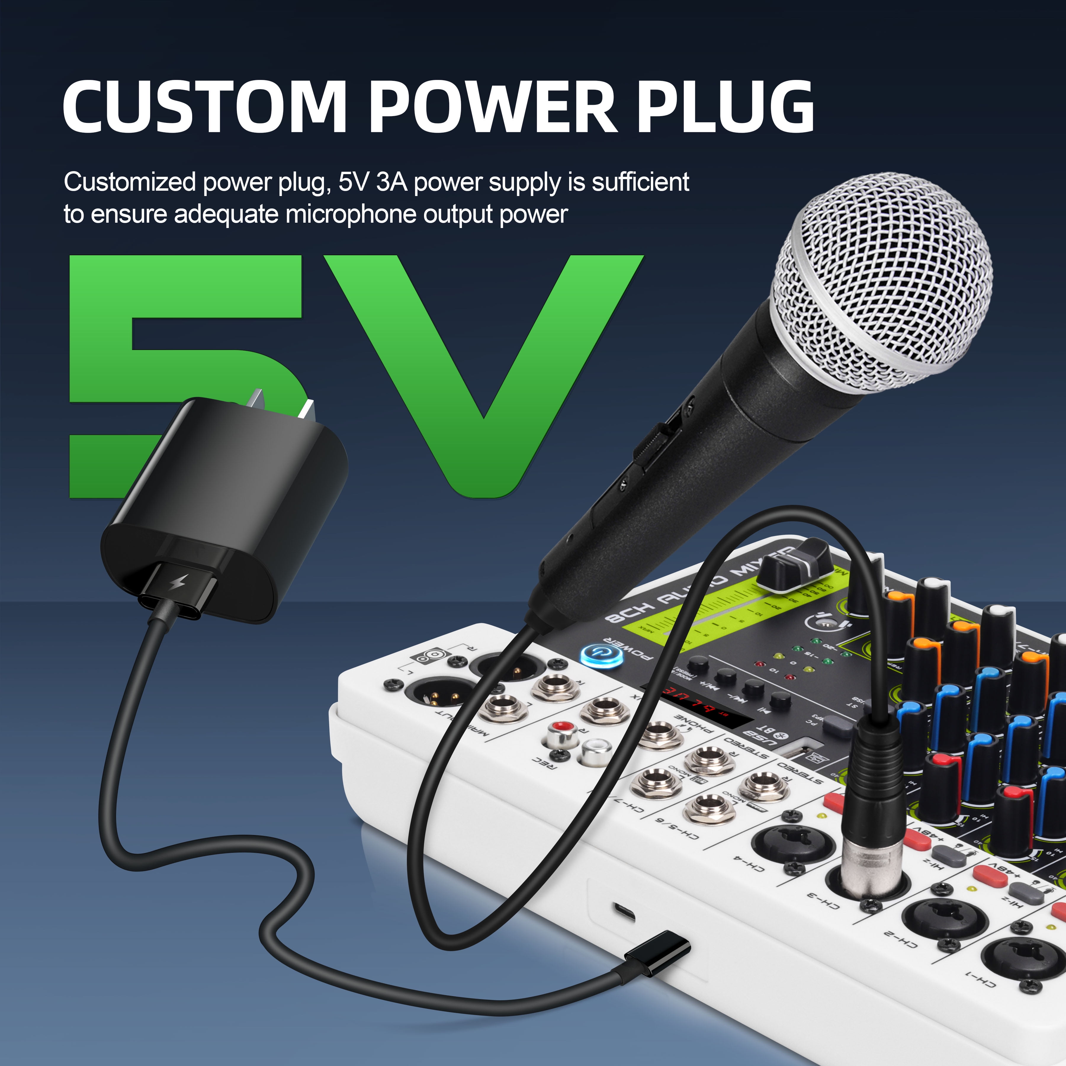 V8 Interface Mixer with Bluetooth 5.0 USB Phantom Power DJ Mixer for PC Recording with Delayed Replay Effects ,Easy to Operate
