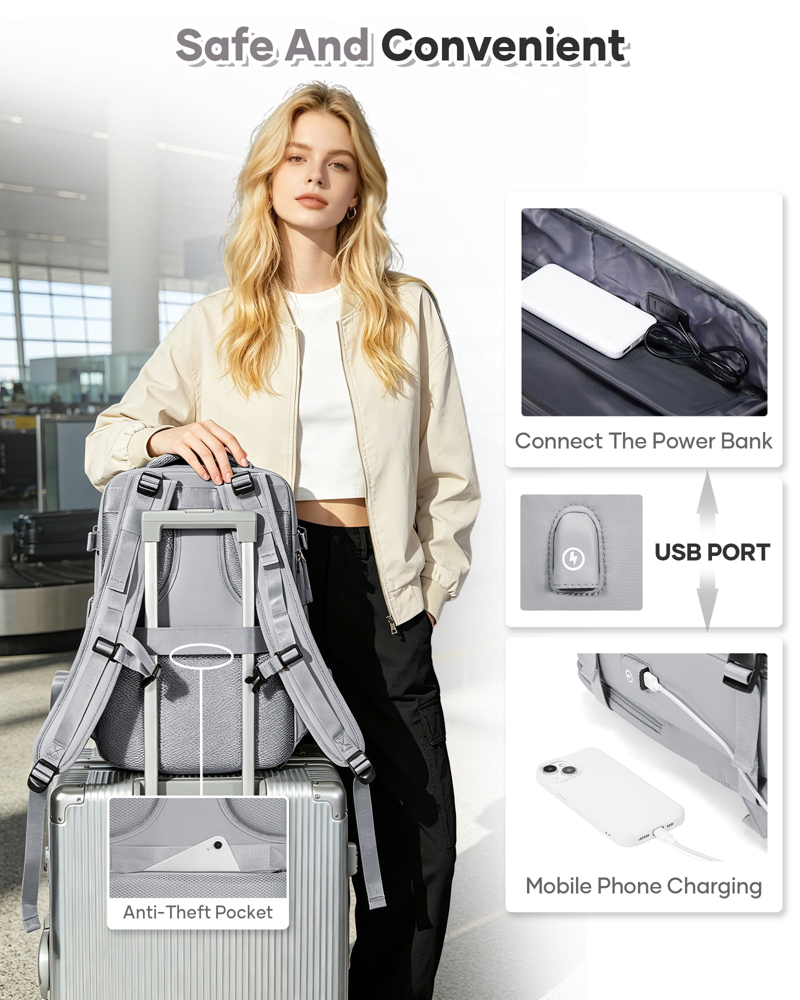 SYCNB Vacuum Travel Backpack for men women, Large Capacity Airline Approved Carry-On Backpack Features USB Charging Port, Waterproof Rucksack Fits 16 Inch Laptop, for Traveling Business, Gray