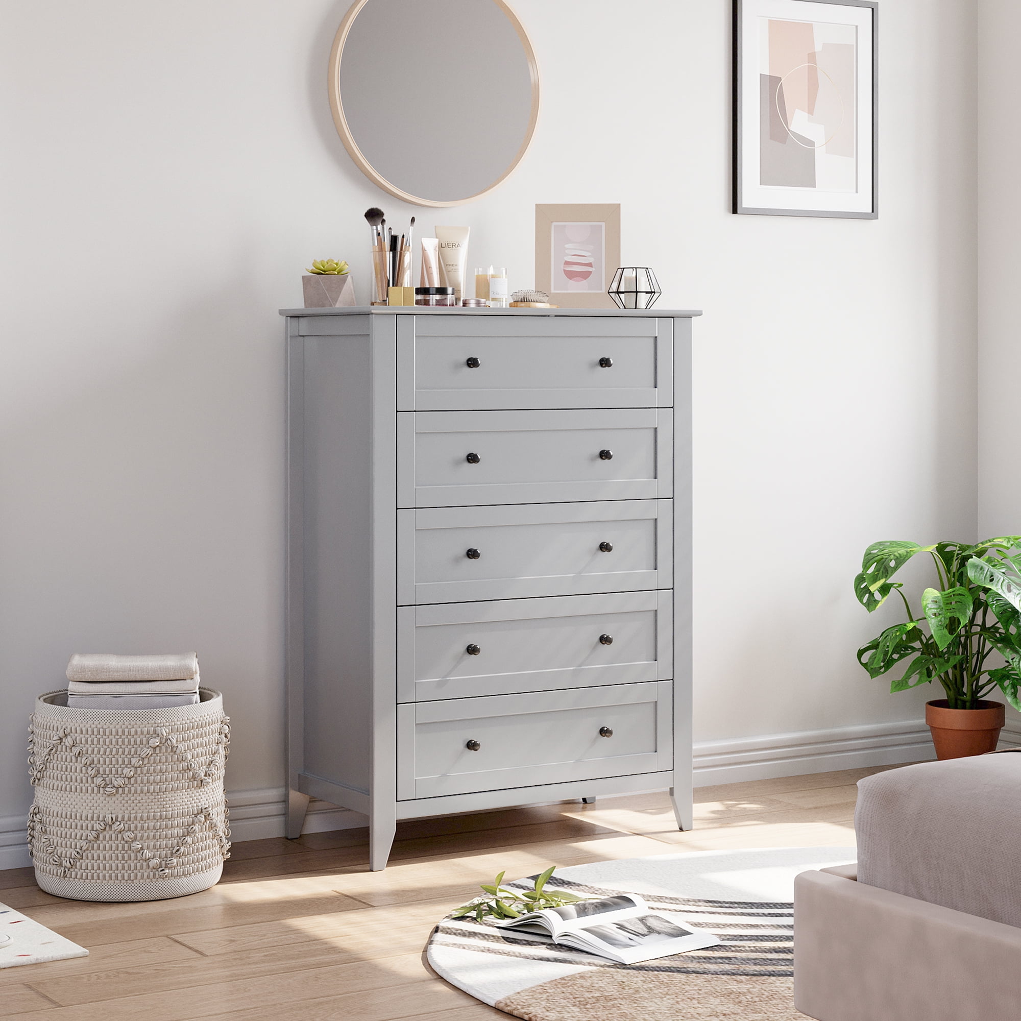 Homhougo Dresser for Bedroom with 5 Drawers, Tall Wood Organizer Storage Cabinet with Round Handle, Chest of Drawers for Closet, Living Room, Hallway, Nursery, Kids Bedroom, Gray