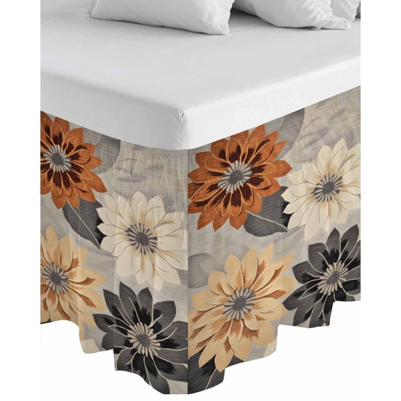 Burnt Orange Grey Black Flower Wrap Around Bed Skirts for King Bed 16" Drop,Bed Skirt with Adjustable Elastic Belt Dust Ruffle Bed Valance for Bedroom Hotel Spring Floral Botanical Bed Frame Cover