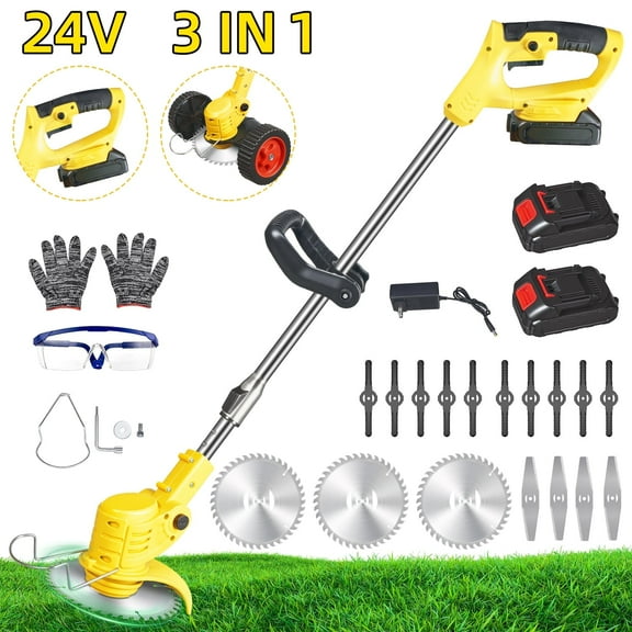 24V Cordless Weed Trimmer,Home Small Portable Electric Lawn Mower, 1500mAh, With 2 Lithium Batteries 3 Kinds Of Blades Cordless Electric Brush Lawn Edger for Yard Garden