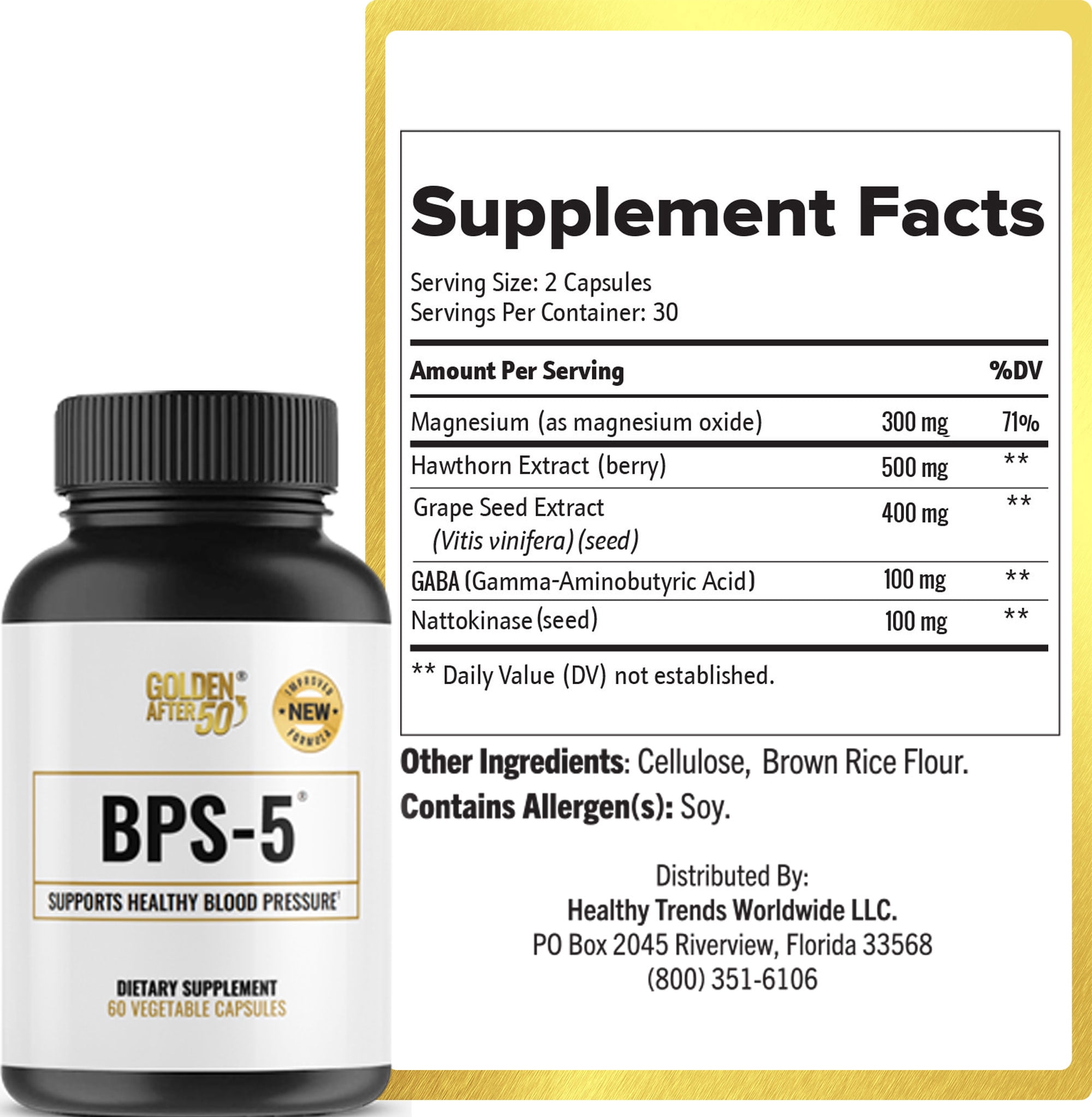 BPS 5 Hawthorn Berry Capsules for Blood and Heart Health Support with Hawthorn Berry Extract, Grape Seed, GABA and Magnesium by Golden After 50