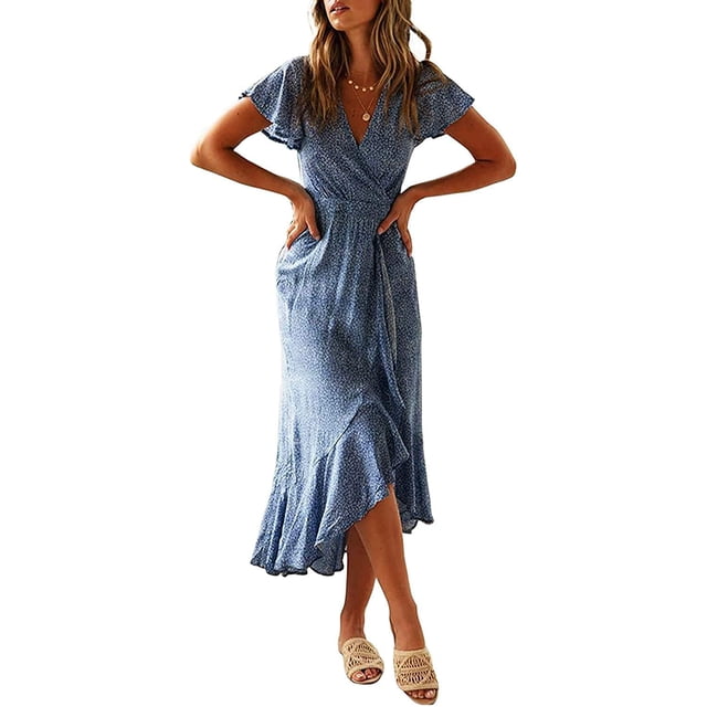 Robe Longue de Soirée Bohème à Manches Courtes Imprimé Floral pour Femmes