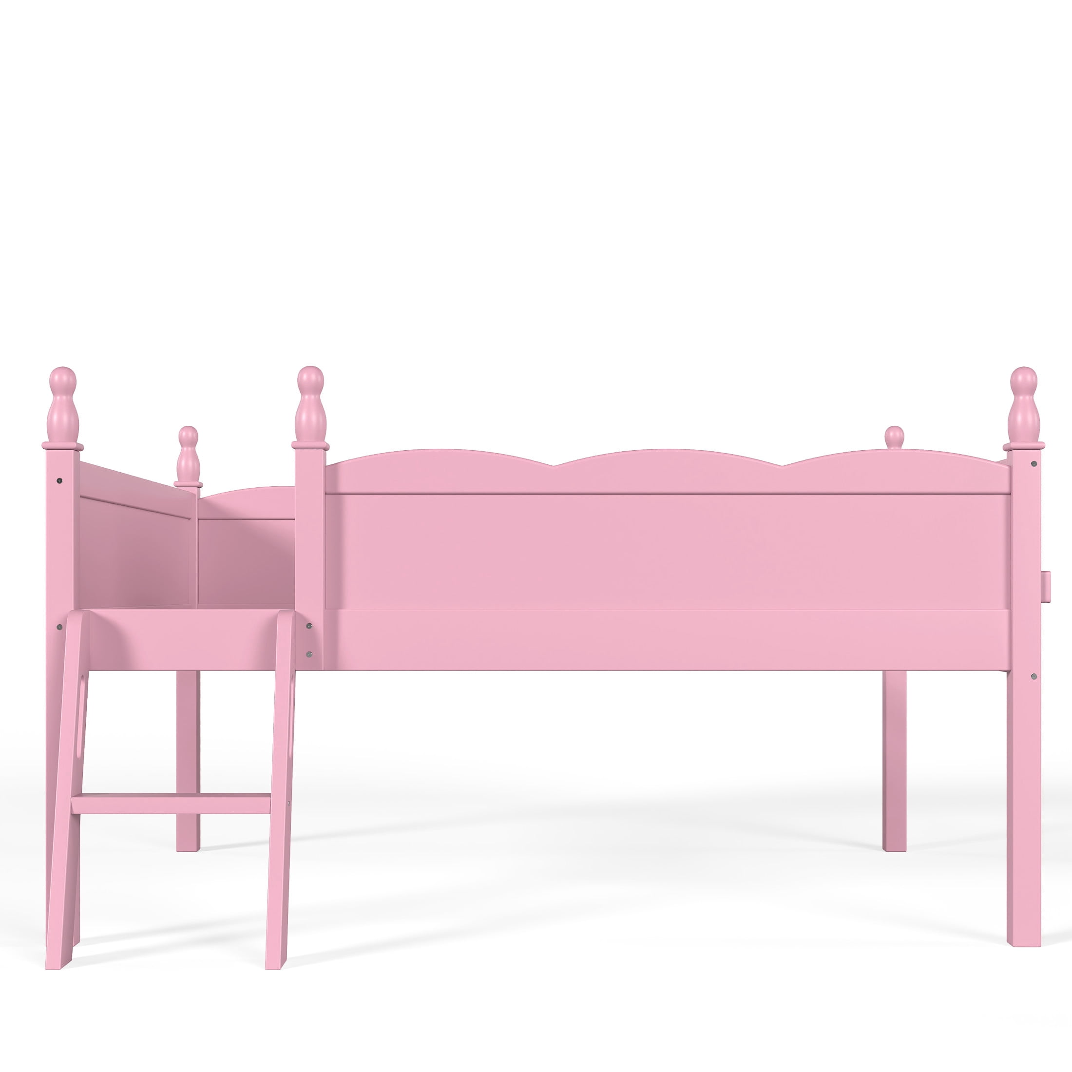 GDF Studio Full Size Low Loft Bed with Guardrails, Ladder & Side Bookshelf, Chic Design, Pink