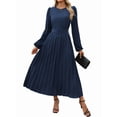 thumbnail image 3 of Women'S Midi Dress Long Puff Sleeve Wrap Crew Neck Flowy Ruffle Pleated Casual Fall Dresses Dark Blue L, 3 of 9