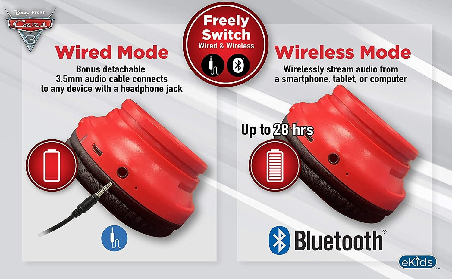 Cars 3 Bluetooth Headphones Disney Pixar Movie Wireless Kid Friendly Sound with Lightning McQueen Graphics