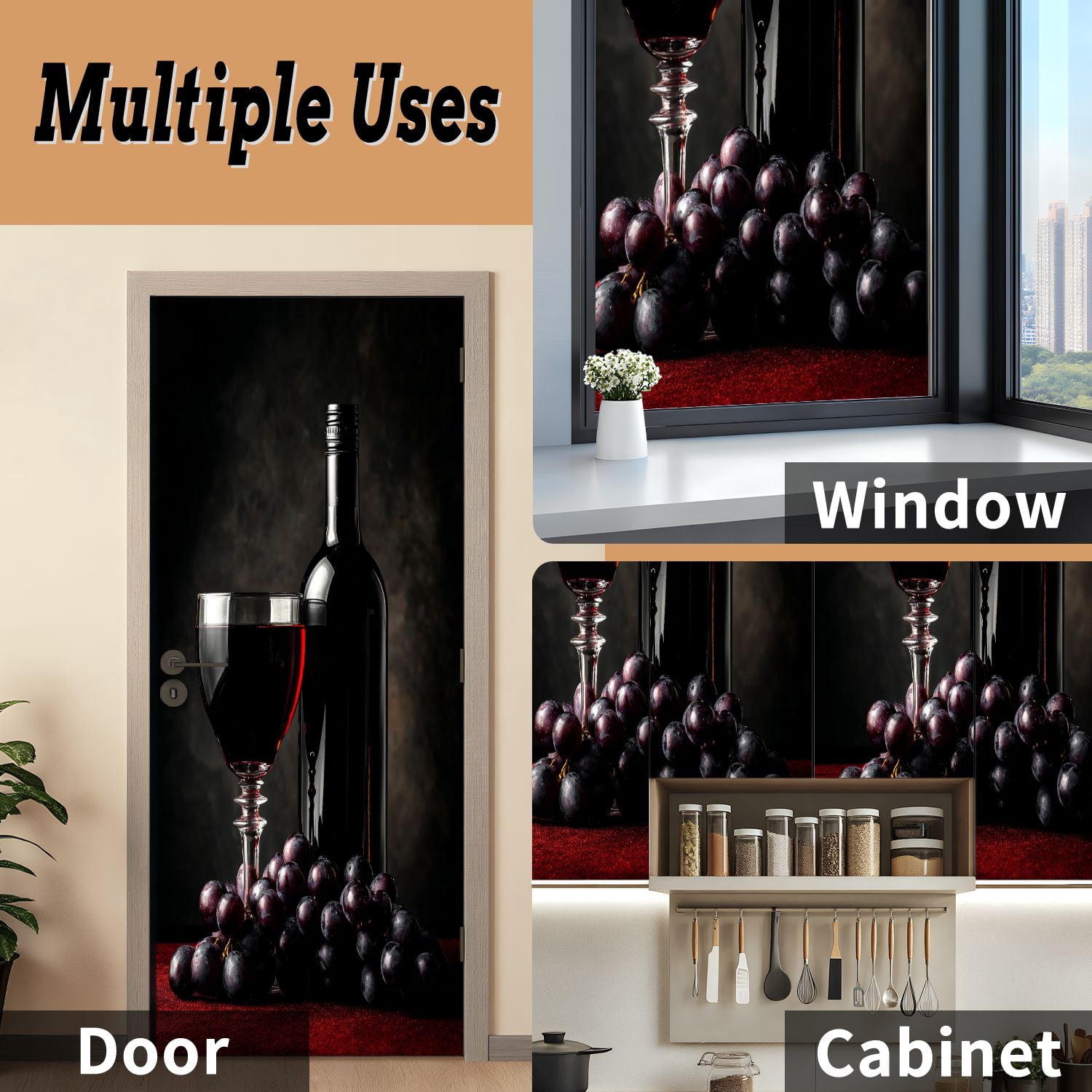 Self Adhesive Vinyl Refrigerator Wrap Set Bottle red wine glass grapes Door Mural Removable Fridge Sticker Peel and Stick&nbsp;Full Door Cover Decal Kitchen Bar Decor