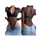 thumbnail image 4 of Mujeres slim fit camisa inferior Ver-a través de malla ver-a través de manga larga media cremallera mono casual, 4 of 5