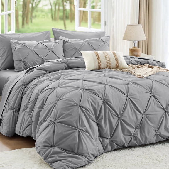 Sasttie Queen Size Comforter Set, 7-Piece Bed in a Bag, Pintuck Bedding Sets for All Season, Light Grey
