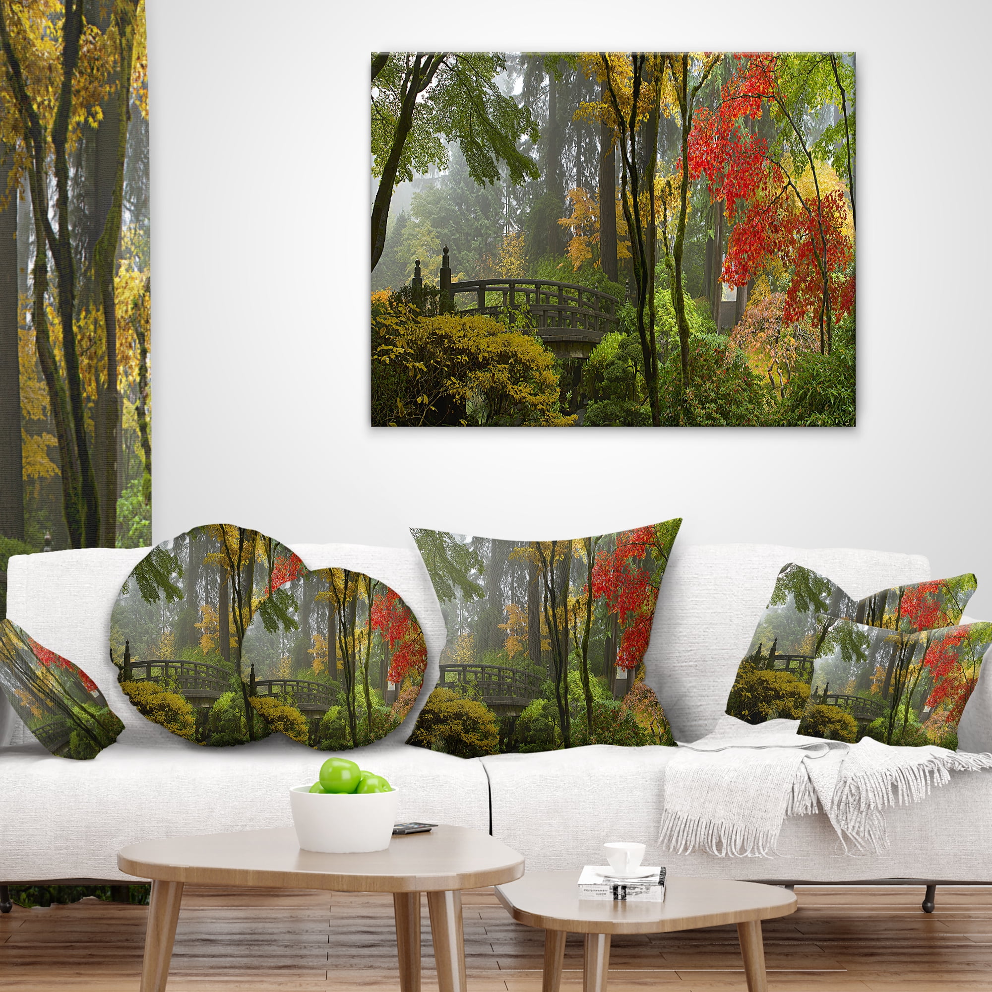 Designart Japanese Wooden Bridge in Fall - Photography Throw Pillow - 18x18