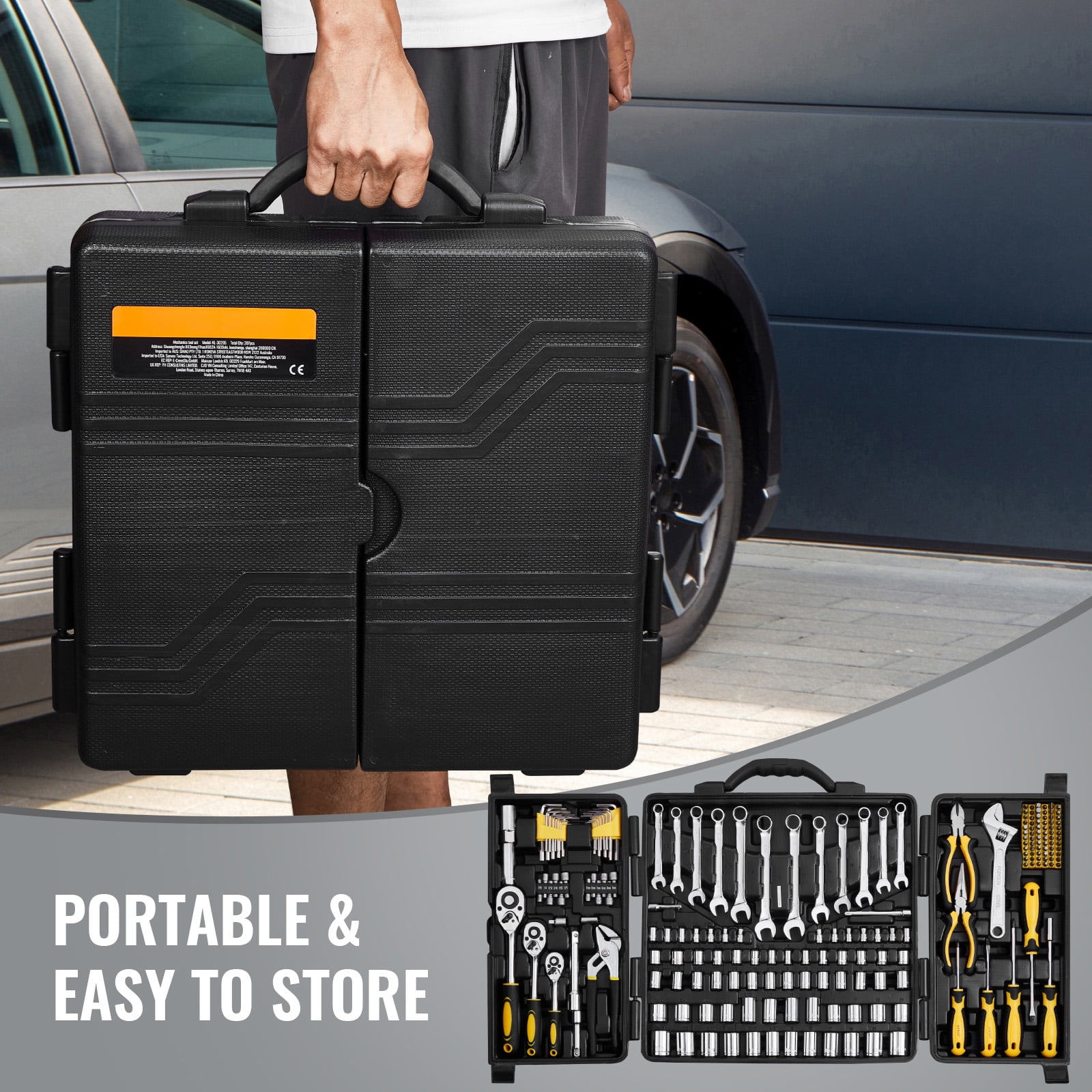 KFFKFF 207-Component Mechanics Tool Set and Socket Set, 1/4" 3/8" 1/2" Drive Sockets, SAE and Metric Mechanic Tool Set with Bits, Spanners, Ratchet Handle, Add-ons, and Hard Plastic Carrying Case