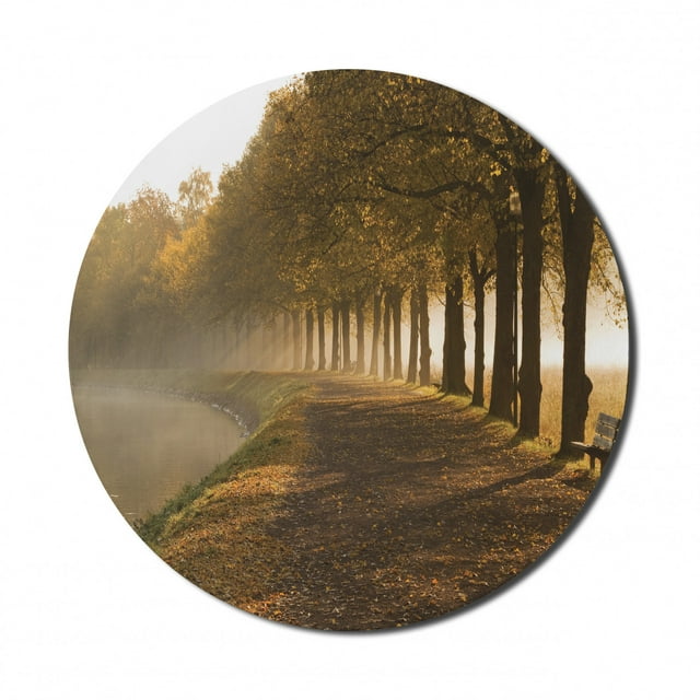 Tree Mouse Pad for Computers, Walkway at the Canal in Morning Mist Foggy Blurry Day Relaxing Spot in City Picture, Round Non-Slip Thick Rubber Modern Mousepad, 8" Round, Orange Brown, by Ambesonne