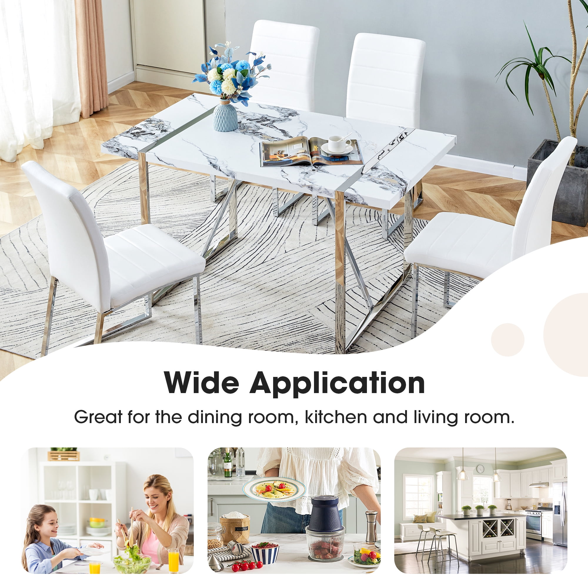 EUROCO 5PCS Faux Marble Dining Table Set,55.1" Longer Dining Room Table Set for 4 with MDF Tabletop,Stainless Steel Table and Chair Legs,4 PU Leather Chairs,Easy Clean and Waterproof Kitchen Set