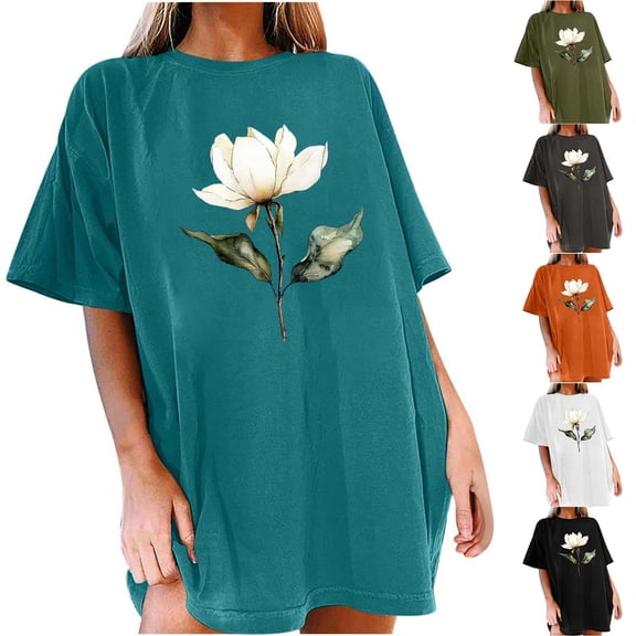 XUNKUSGA Oversized Tshirts for Women Fashion Vintage Floral Graphic Going Out Tops Casual Loose Crewneck Drop Shoulder Short Sleeve Women's T-Shirts,Orange01,S