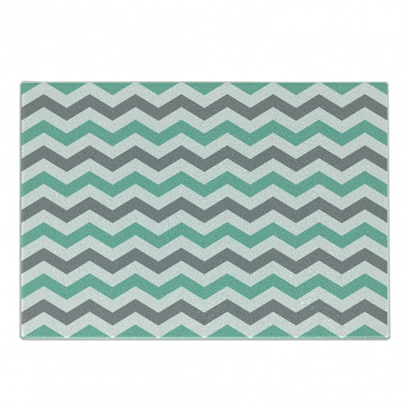 Chevron Cutting Board, Chevron Pattern Geometric Wavy Zigzag Herringbone Stripes Illustration, Decorative Tempered Glass Cutting and Serving Board, Small Size, Seafoam Grey White, by Ambesonne