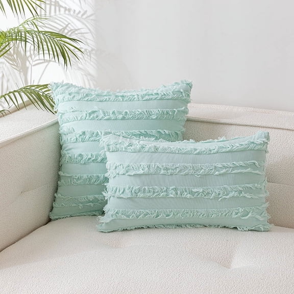 Nvzi Set of 2 Throw Pillow Covers Linen Striped Cushion Covers 18x18 Inch Light Green