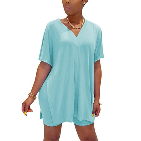 

Glookwis Ladies V Neck Lounge Sets Loose Fit Loungwear Casual 2 Piece Outfits Nightwear Slit High Waisted Pajamas Pjs Light Blue 2XL