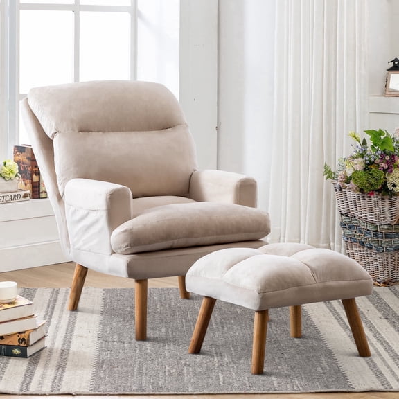 Ebello Adjustable Backrest Accent Chair, Modern Velvet Lounge Chair with Ottoman & Side Pockets for Living Room Bedroom, Beige