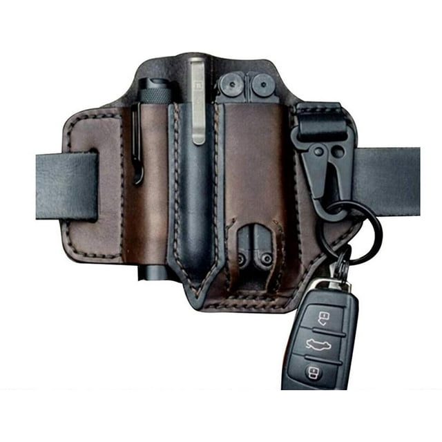Yeacher multitool sheath for belt in brown leather, featuring compartments for a pen, flashlight, key fob, and small tools. This tactical EDC organizer has a smooth texture, open closure style, and fits belts up to 1.75 inches in height, ideal for outdoor activities like hiking and hunting.