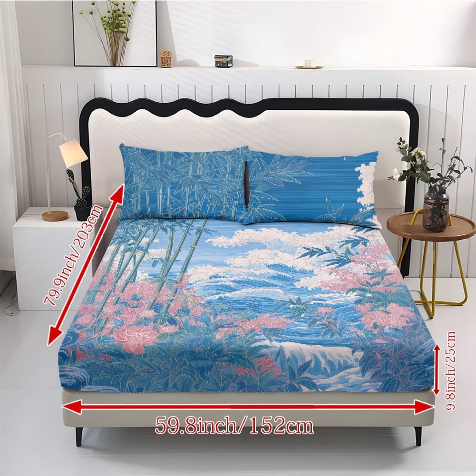 ZIATUBLES 3-Piece Queen Size Sheet Set, Soft Polyester Bedding-Cooling Cozy All-Season Sheets with 1 Fitted Sheet and 2 Pillowcases, Wave Floral Bamboo Print