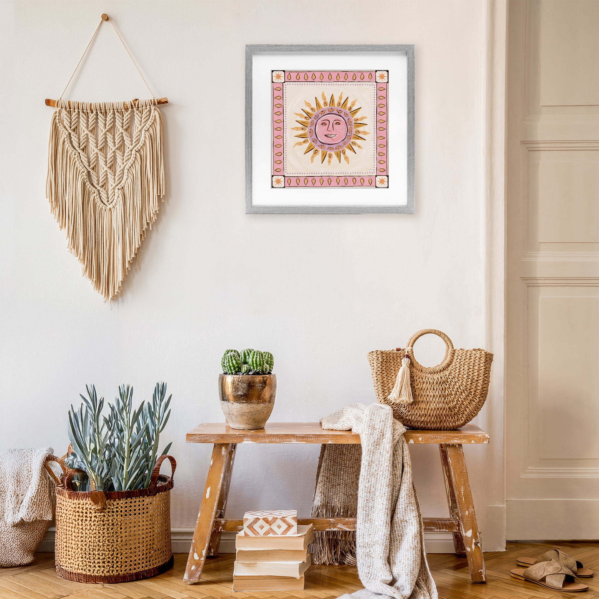Stupell Industries Smiling Sun with Pink Border Gray Framed Print Under Glass, design by Two If By Sea Studios