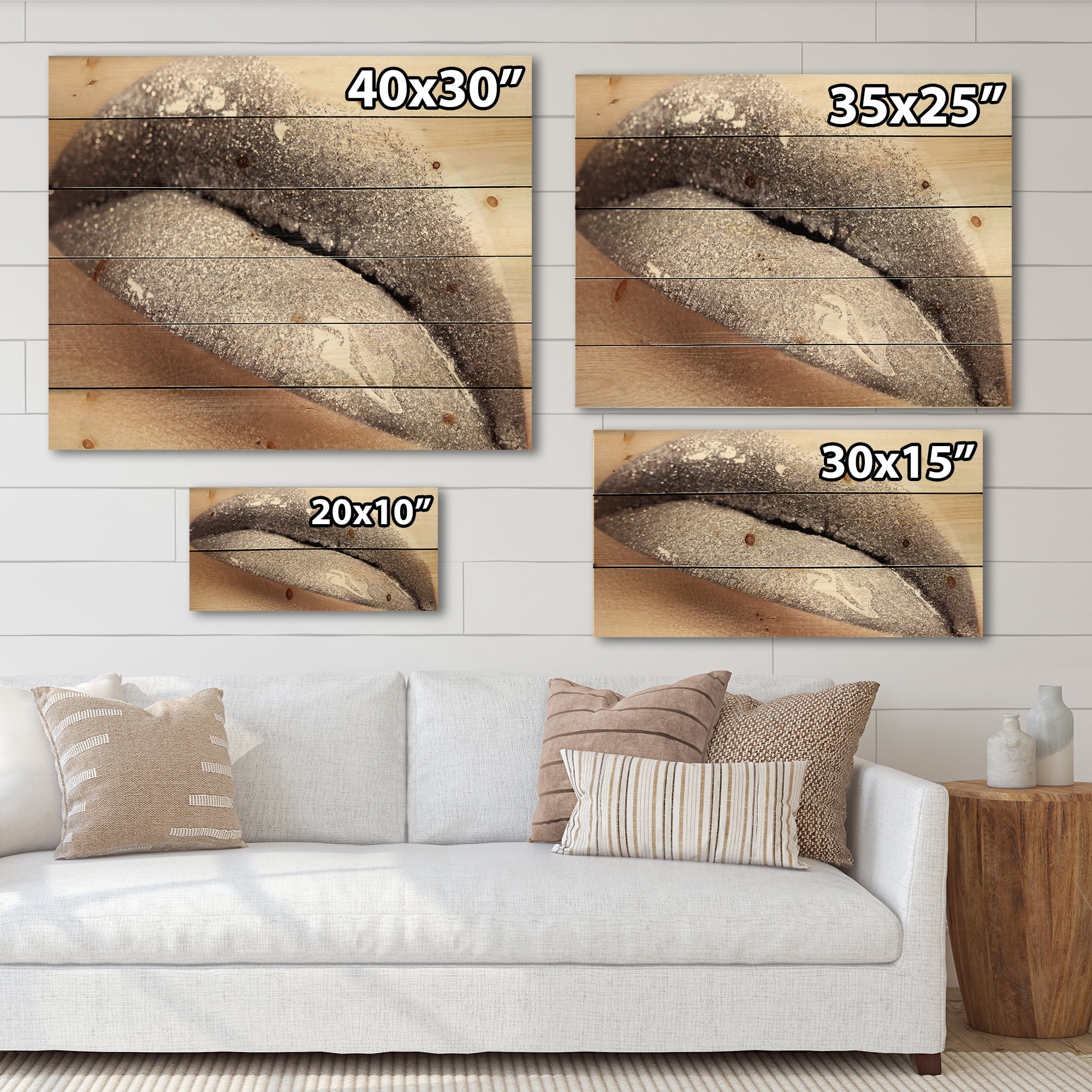 Designart 'Close Up of Female Lips With Glittering Silver' Modern Print on Natural Pine Wood