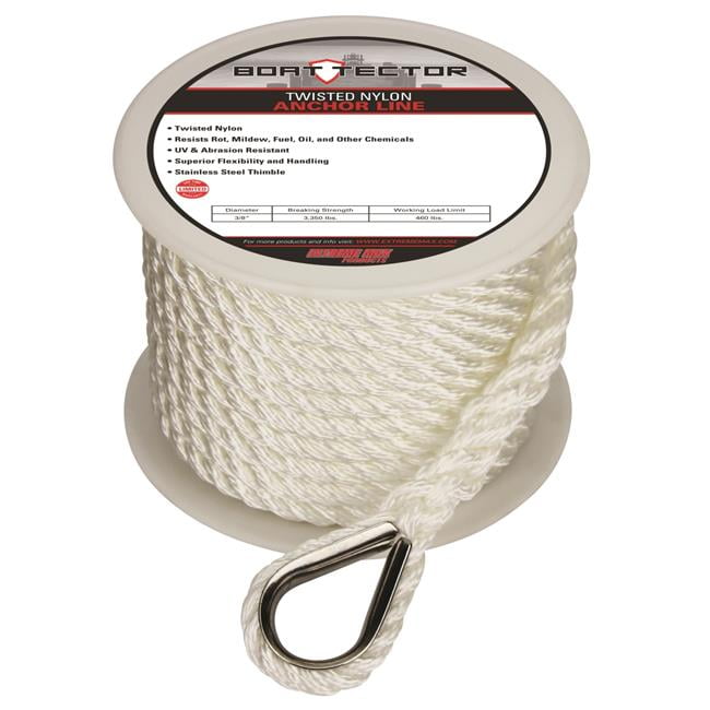 Extreme Max 3006.2502 White w/Blue Tracer 3/8 x 200 BoatTector Double Braid Nylon Anchor Line with Thimble 