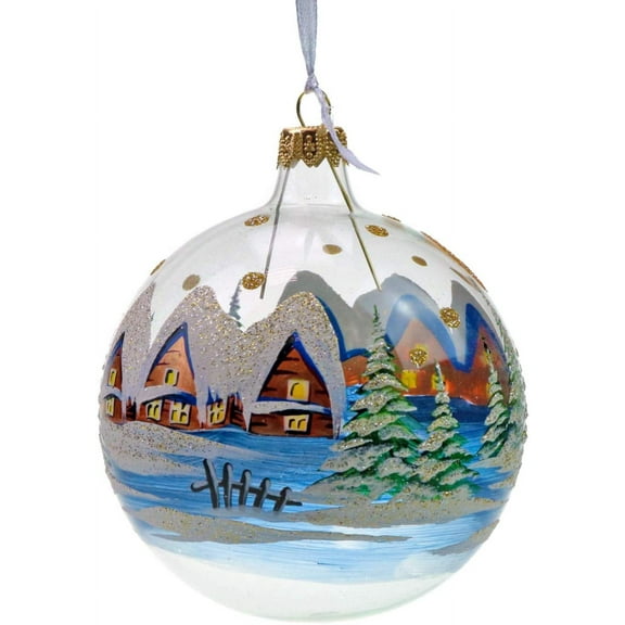 Victoria Bella 4" Christmas Tree Glass Ball, Christmas Landscape on Transparent Background, Hand-Blown, Painted by Artisan Exclusive Christmas Ornaments, Individually packed. EA