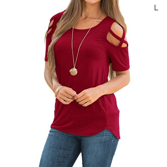 Langgg T-shirt pour Femmes à Épaules Dénudées, Blouse à Col Rond, Haut Uni, Rouge Vin, G