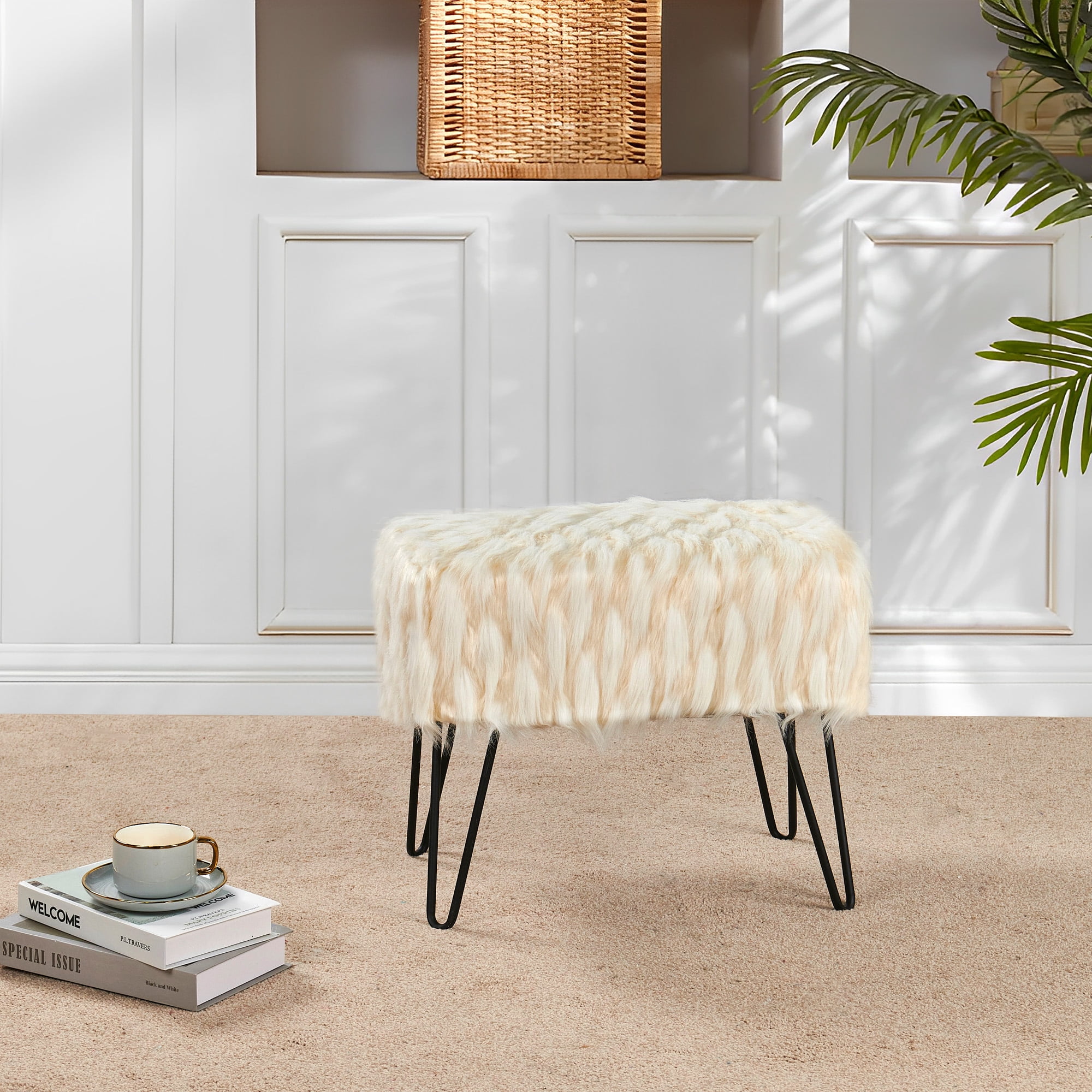 Home Soft Things Feathery Faux Fur Stool Chair Upholstered Footrest Ottoman with Black Metal Legs and Padded Seat, Ivory, 19" x 13" x 17"