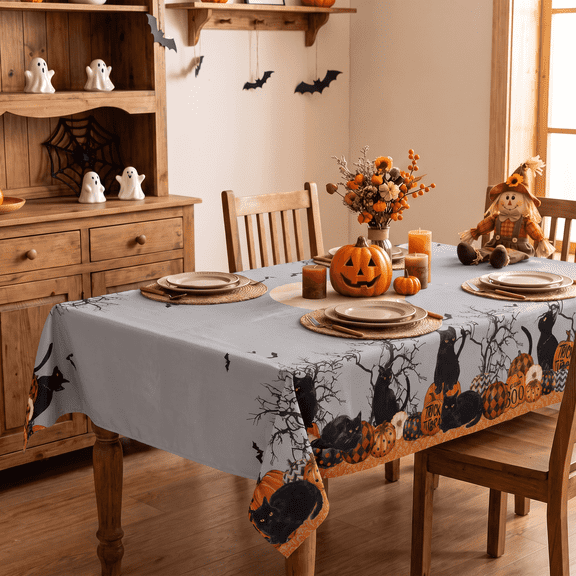 Sm:)e Black Cat Trick or Treat Pumpkin Halloween Tablecloth 60 x 84 Inch, Wrinkle-Resistant & Machine Washable Table Cover for Dining Decor, Rectangle