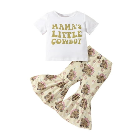 

GWAABD Girls Trendy Clothes White Cotton Kids Toddler Baby Girls Spring Summer Letter Print Short Sleeve Tshirt Flare Pants Outfits Clothes 120