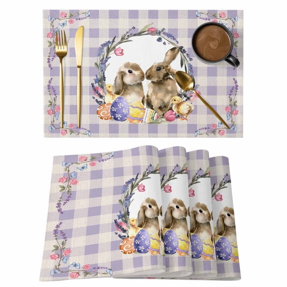 Easter Bunny Placemats Set of 4, Spring Easter Eggs Chick Floral Purple Check Placemats for Dining Table, Place Mats for Kitchen Tabletop, Waterproof Wipeable Dining Table Mats Set