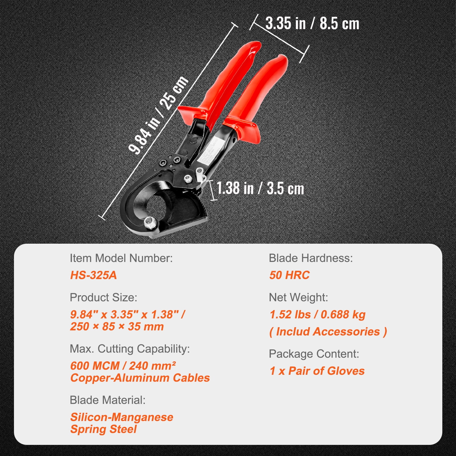 KFFKFF Ratcheting Cable Cutter, 10" Ratchet Wire and Cable Cutter, Cut up to 240 mm??, with Comfortable Grip Handles, Easy to Use Quick-Release Lever, Silicon-Manganese Spring Steel Blade
