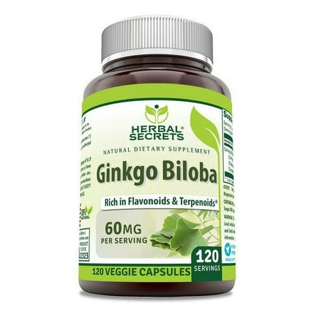 Herbal Secrets Ginkgo Biloba Supplement 60mg 120 Veggie Capsules | Standardized to Contain 24% Ginkgo Flavone Glycosides | Non-GMO | Gluten Free |