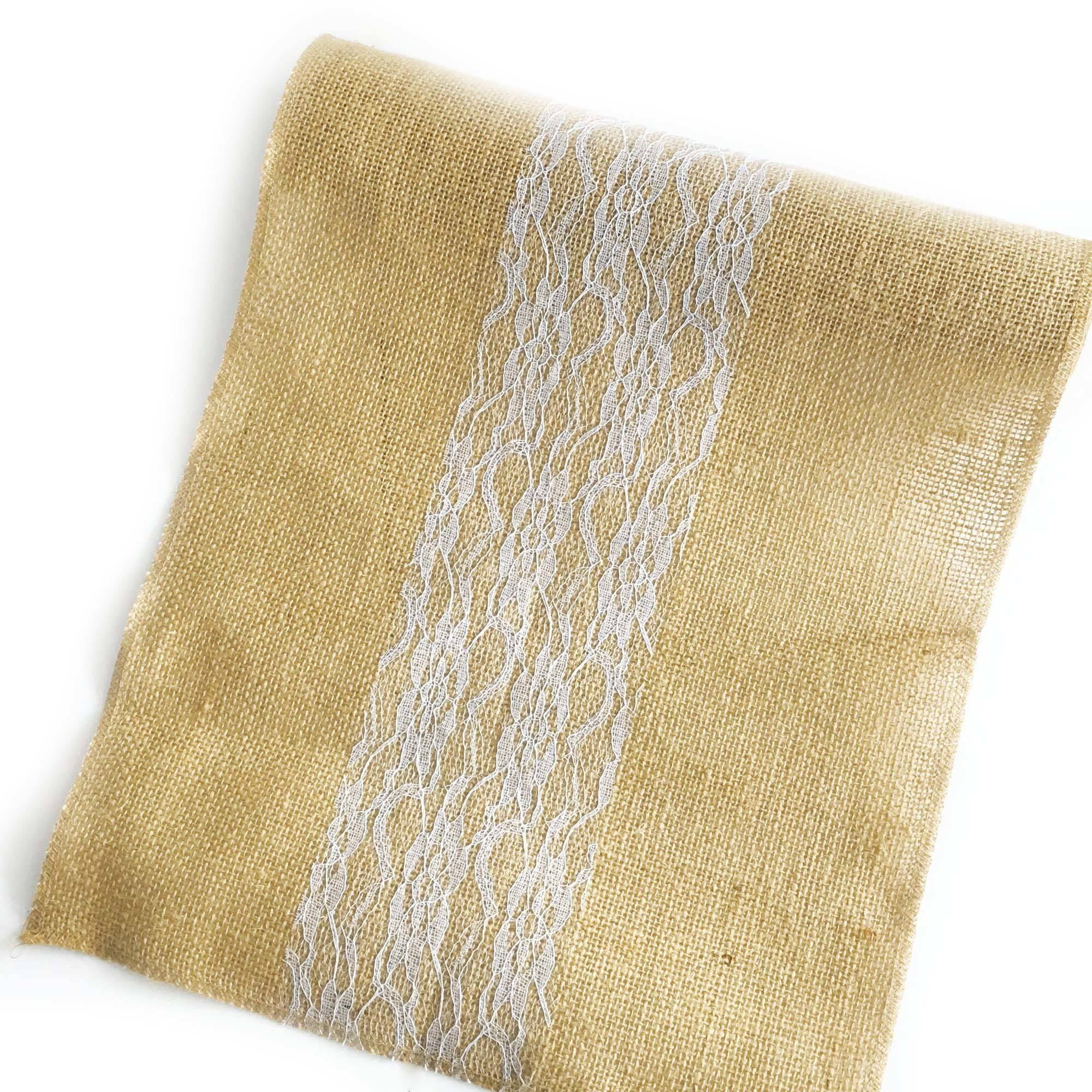 Way To Celebrate! 12"X8' Natural Burlap with White Middle Lace Table Runner , 1 Each