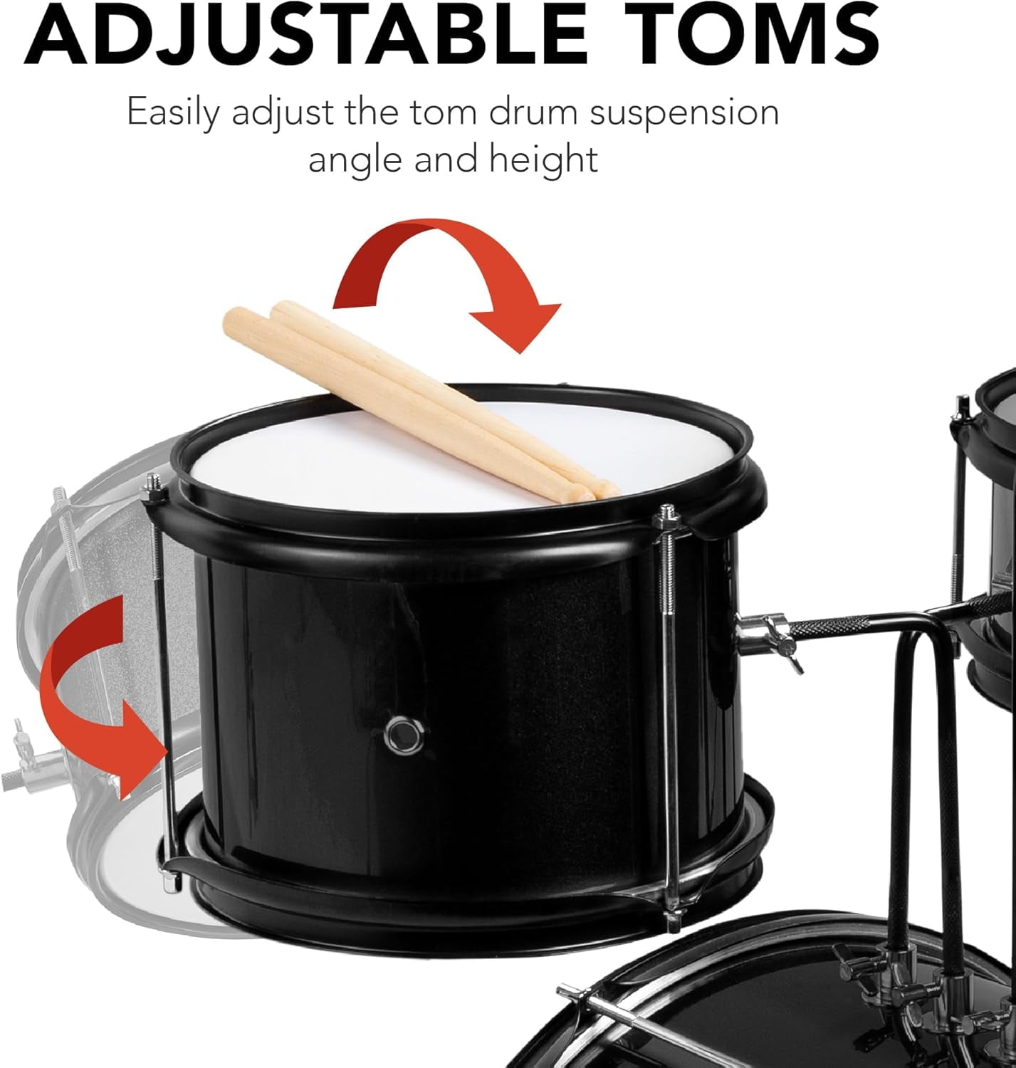 HarmonyStrings 3-Piece Beginner Drum Set for Kids Juniors, w/Throne Stool, Cymbal, Drum Sticks, Bass Drum Pedal, 2 Toms Black
