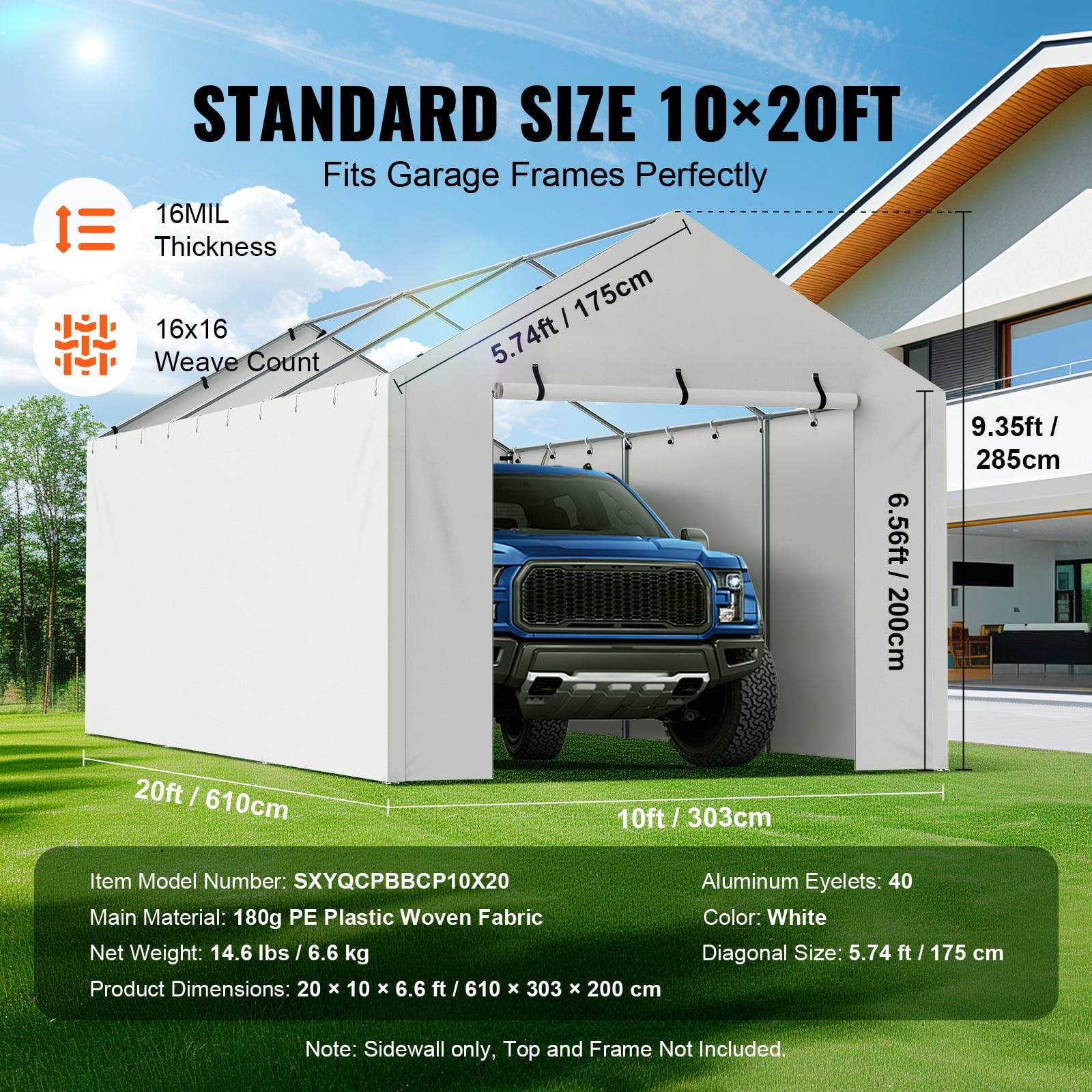 KFFKFF White Carport Conversion Canopy 10 x 20 ft Car Shelter Sidewall Tent