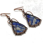 Lapis Lazuli Gemstone Copper Wire Wrap Drop Dangle Earrings Jewelry 2.10" SA 31