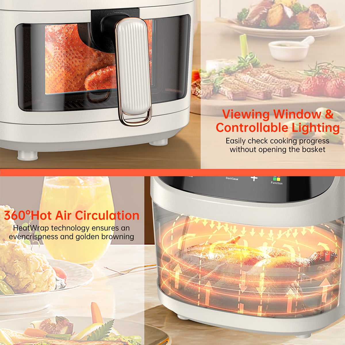 GPED Air Fryer, 7.5 QT 8-in-1 Oilless Air Fryer Oven with Visible Cooking Window, Nonstick and Dishwasher-Safe Basket, Customized Temp/Time, Including Air Fryer Paper Liners 50PCS, Ivory