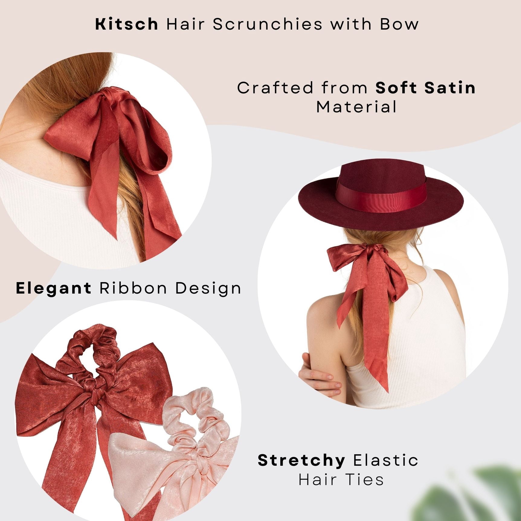 Kitsch Satin Hair Scarf Scrunchie Hair Ties, Blush/Mauve, 2 ct