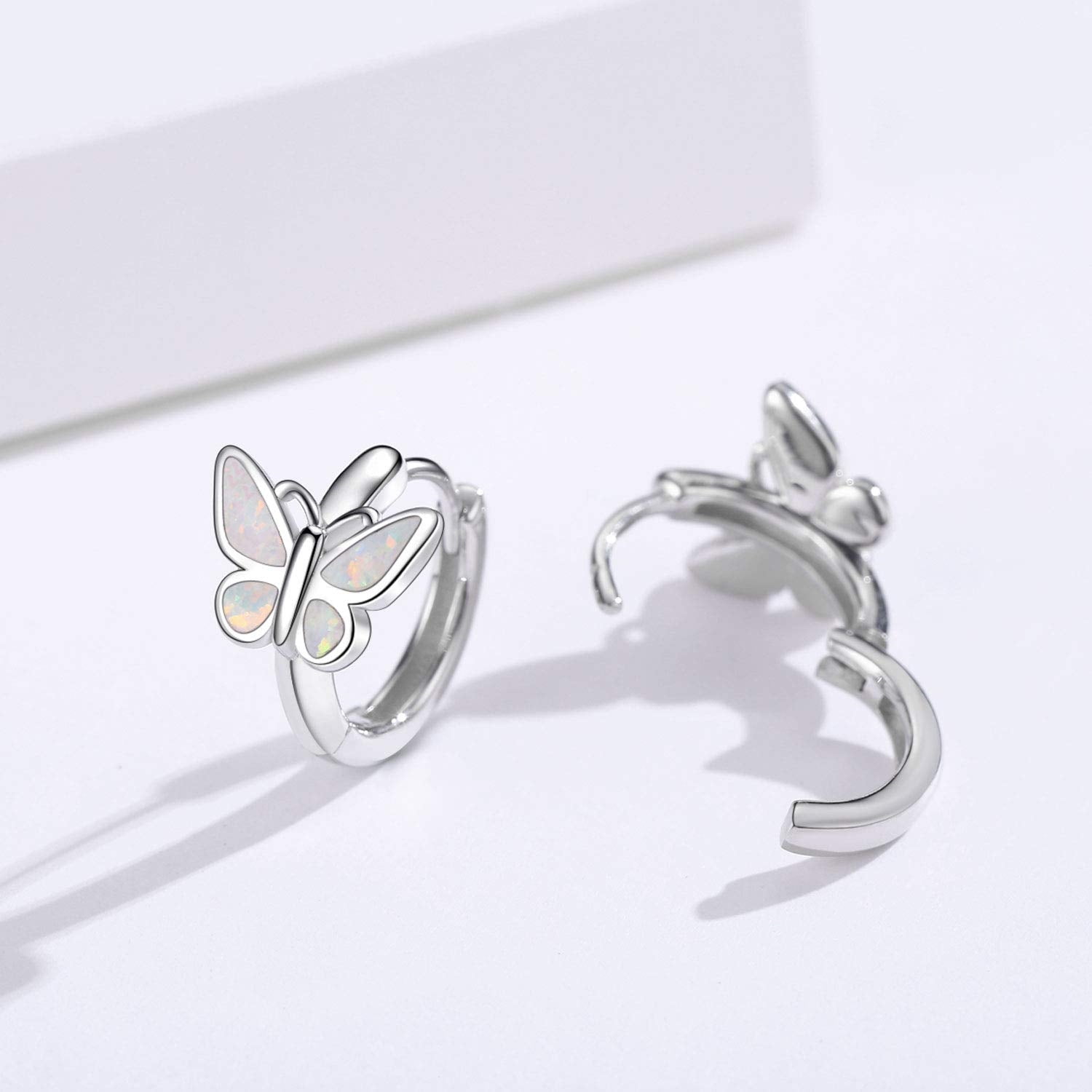 Coachuhhar Sterling Silver Butterfly Earrings Hypoallergenic Opal Butterfly Hoop Earrings Small Huggie Cartilage Hoop Earrings Butterfly Jewelry Gift for Women