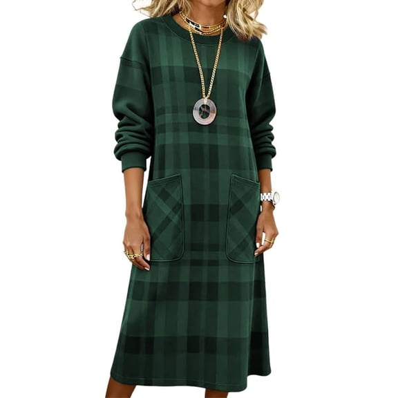 Women's Plaid Pocket Dress, Long Sleeve Shirt Style Midi Dress, Practical Yet Stylish Dress for Autumn or Commute, Green - S