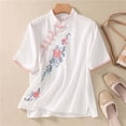 thumbnail image 2 of LYEAA Cotton Linen Blouses for Women Traditional Mandarin Collar Shirts Floral Embroidery Short Sleeve Tops Summer Clothes, 2 of 7